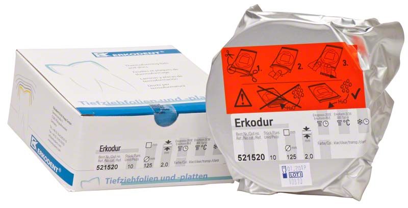 Erkodur Folienverpackung mit dentaler Anwendungsetikettierung.
