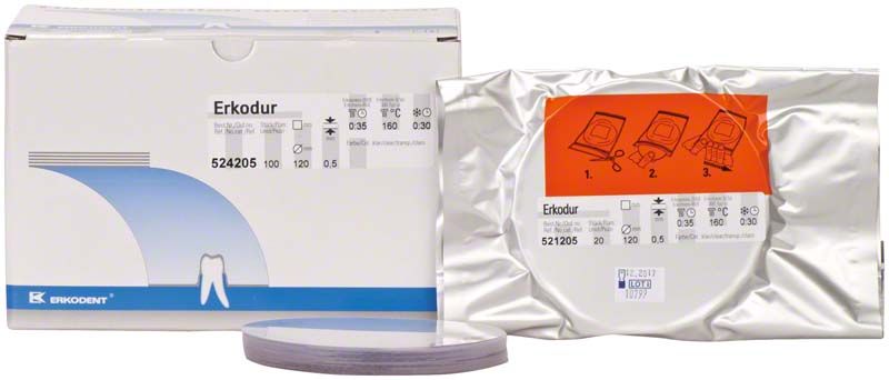 Erkodur Tiefziehfolie Ø120mm x 0,5mm, Verpackung und Einzelblatt sichtbar.