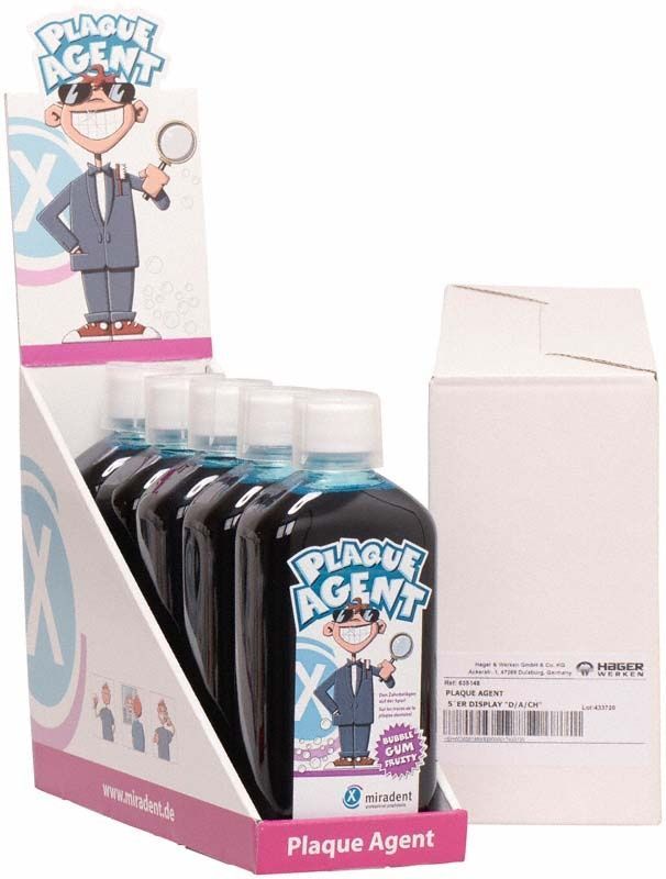 Plaque Agent® Display mit fünf Flaschen Plaquetest Zahnfärbemittel.