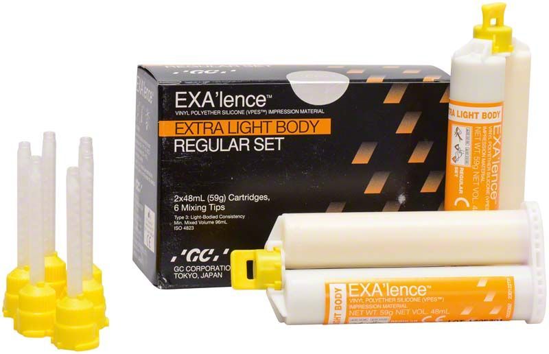 Exalence extra light body regular Kartuschen-Set mit Verpackung und Mischspitzen.