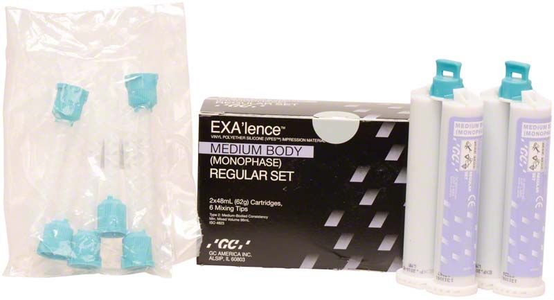 Exa'lence medium body regular 2x48ml Kartuschen mit Verpackung und Zubehör.