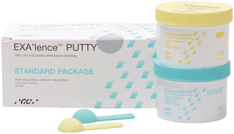 Exalence Putty Standardpaket mit Basis- und Katalysator-Dosen, inklusive Dosierlöffel.