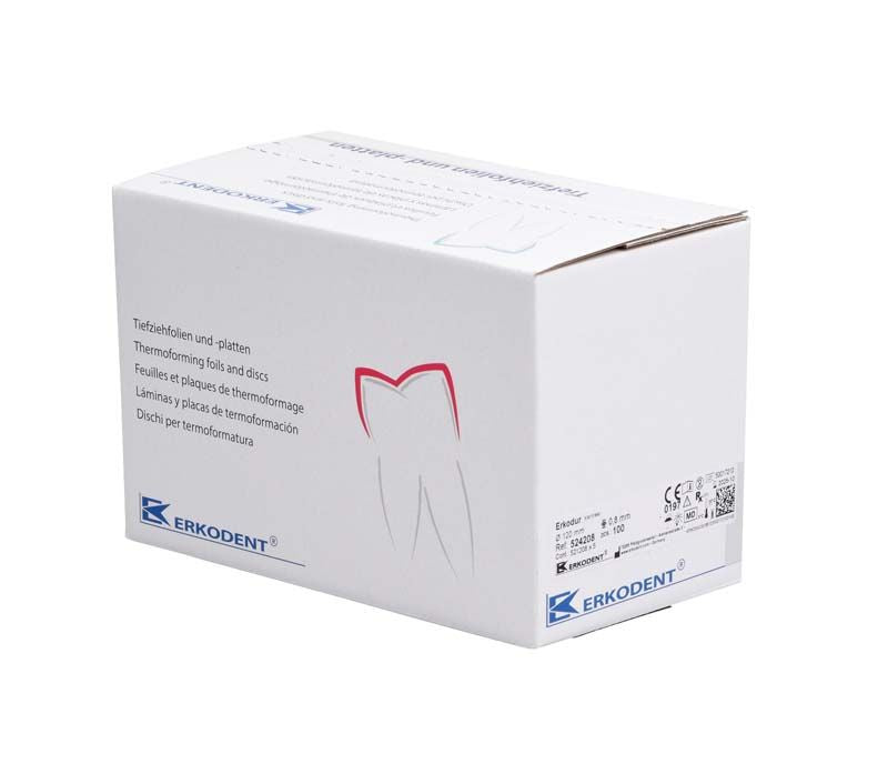 Erkodent-Verpackung für Erkodur Tiefziehfolie mit Zahnabbildung und blauem Logo.