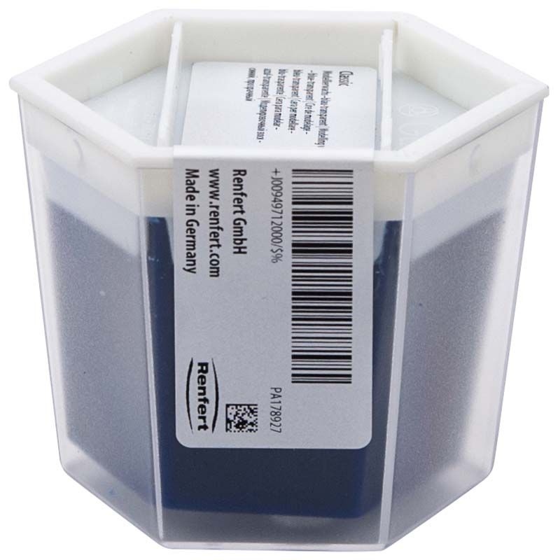 Blau-transparentes Modellierwachs in sechseckiger Kunststoffverpackung mit Etikett.