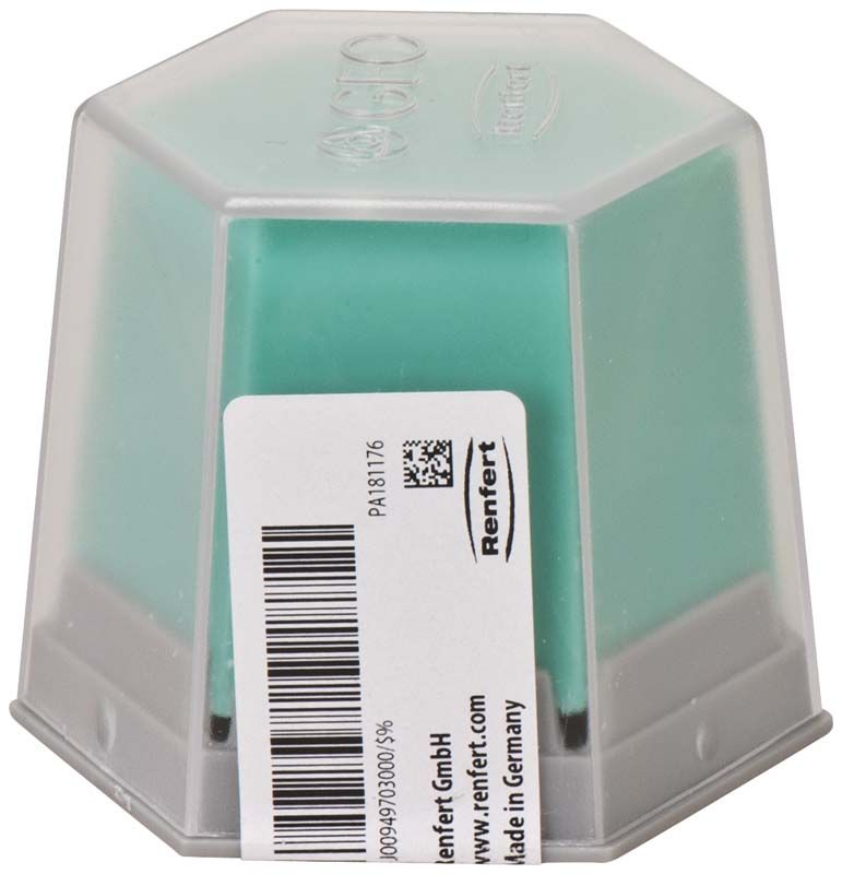 Mintgrünes Modellierwachs in transparenter hexagonaler Verpackung mit Etikett.