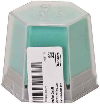 Mintgrünes Modellierwachs in transparenter hexagonaler Verpackung mit Etikett.