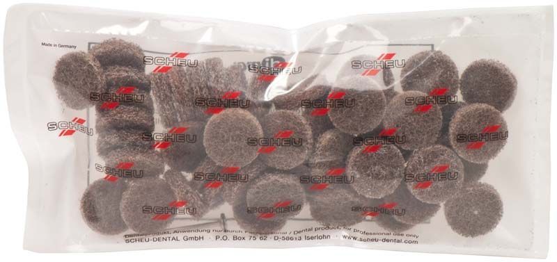 DIMO® Polierscheiben Grob, Braun, 50er Packung mit Mandrell im Kunststoffbeutel.