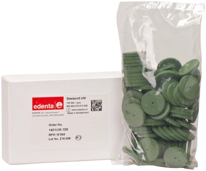 Steelprofi grün Rad groß in Plastikverpackung neben weißer Box.