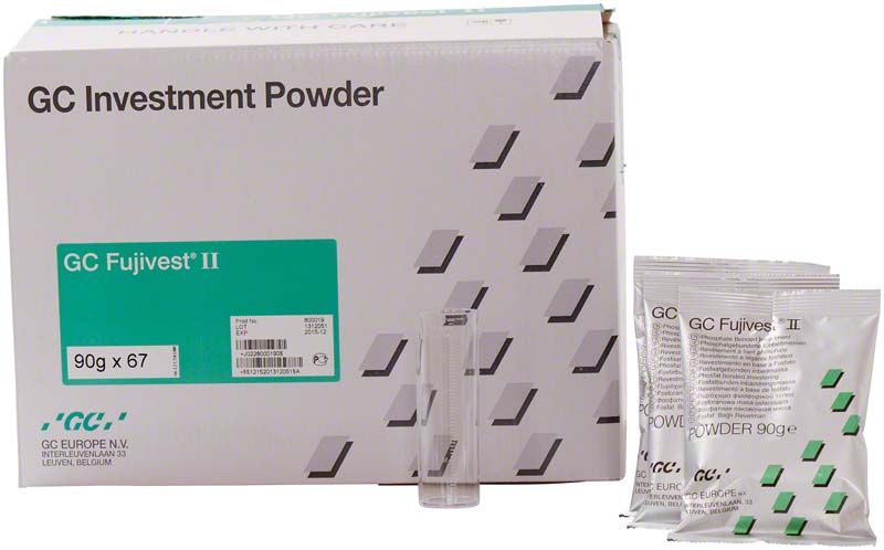 GC Fujivest® II Pulververpackung mit 67 Beuteln à 90g und Messbecher.