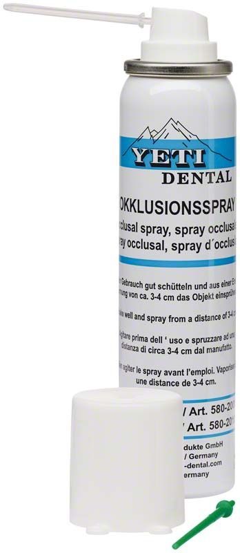 Okklusionsspray von Yeti Dental mit abnehmbarem Sprühkopf und Schutzkappe.