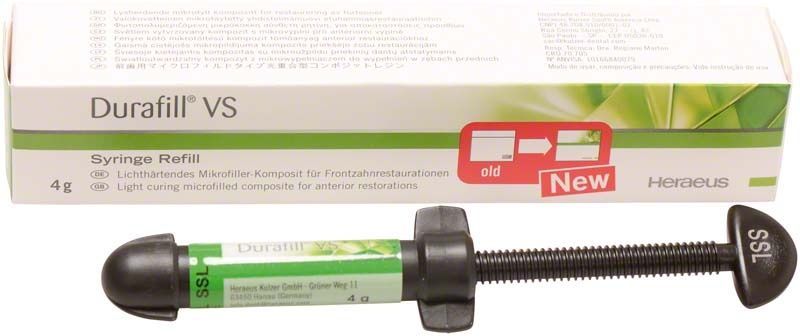 Durafill VS Spritze SSL vor Verpackung mit Produktinformationen.