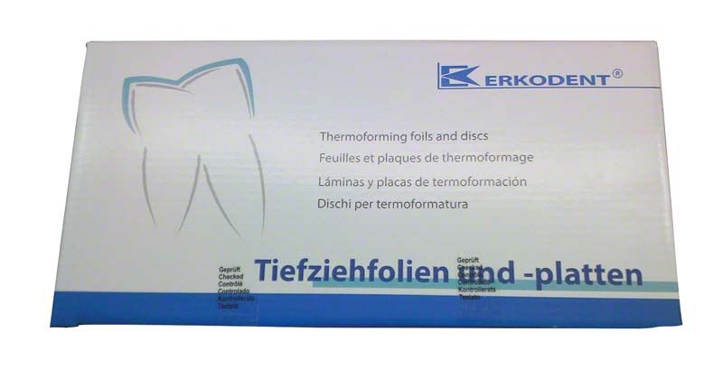 Erkodur Tiefziehfolien-Verpackung mit Zahn-Symbol und Erkodent-Logo.