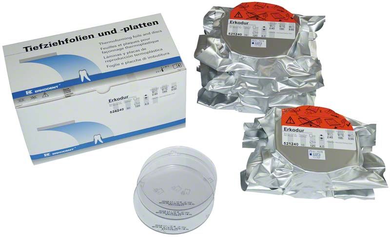 Erkodur Tiefziehfolien und -platten in Verpackung und Einzelansicht.