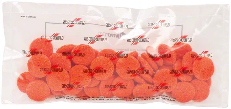 Transparente Verpackung mit roten DIMO®PRO Polierscheiben für dentale Anwendungen.