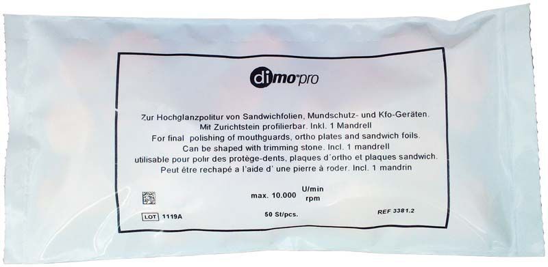 Transparente Verpackung mit DIMO®PRO Polierscheiben und Produktinformationen.