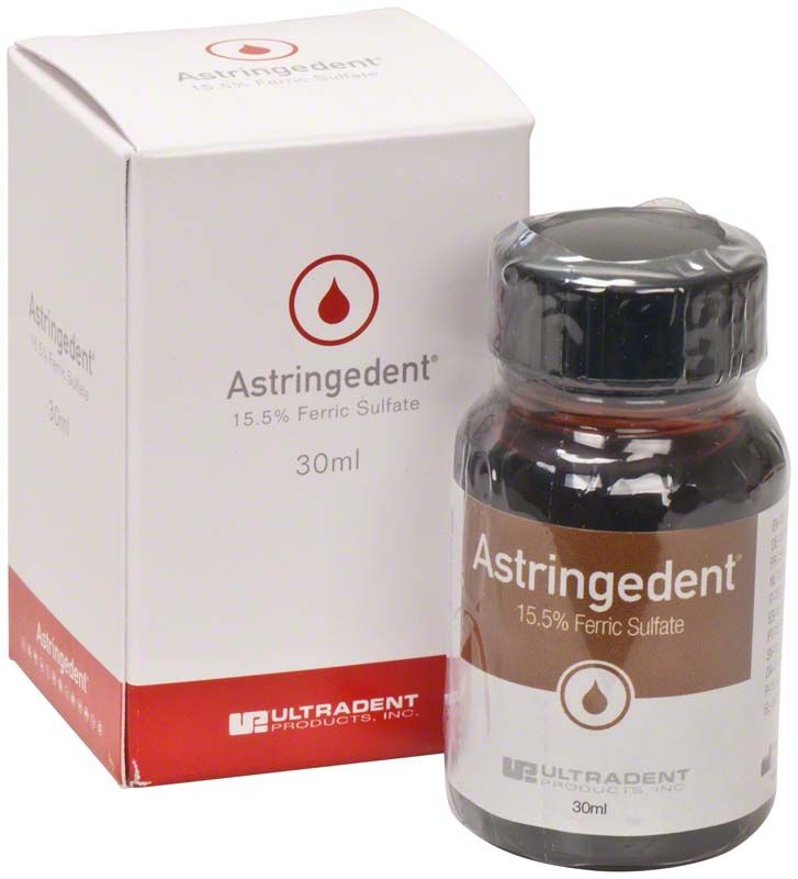 Astringedent® Flasche und Verpackung mit 15,5%iger Eisensulfat-Lösung, 30ml.