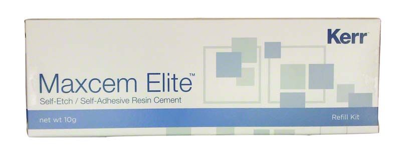 Maxcem Elite Refill Kit Verpackung mit Kerr-Logo und Produktdetails.