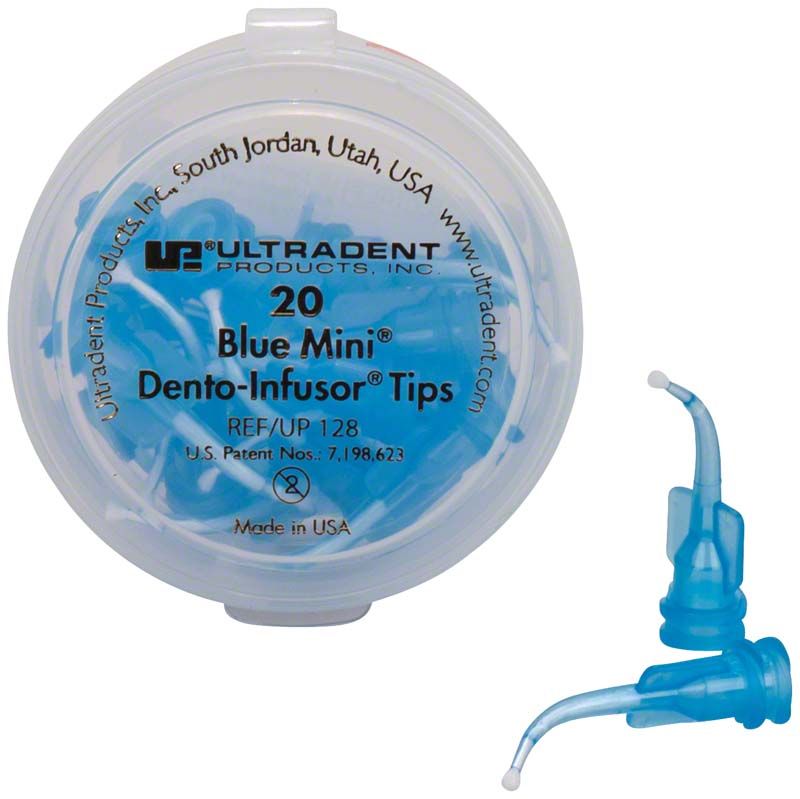 Blauer Mini Dento-Infusor Tip 20er Pack in runder Kunststoffverpackung.