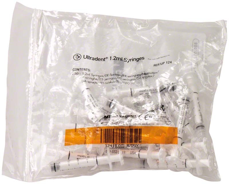 Leerspritzen neutral 1,2 ml von Ultradent in transparenter Verpackung.
