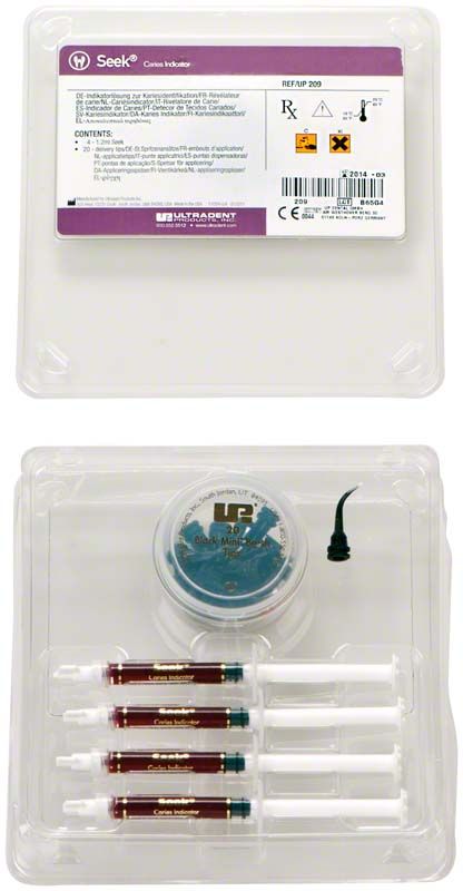 Seek® Kit mit vier Spritzen, Schleifmittel und Zubehör in Kunststoffverpackung.