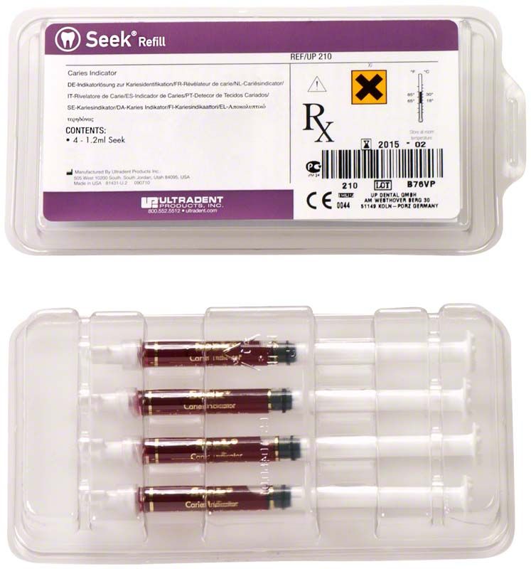 Seek Refill Kariesindikator-Spritzen in Kunststoffverpackung mit Etikett und Produktinformationen.