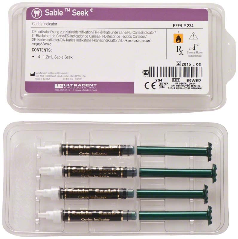 Sable Seek Karies-Indikator-Spritzen im transparenten Kunststoffgehäuse.