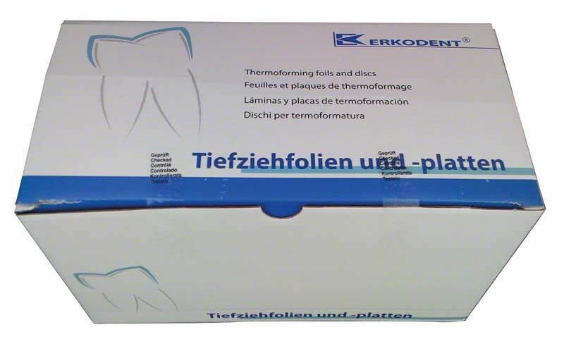 Verpackung von Erkodur Tiefziehfolien 125x125 mm, 100 Stück, klar.