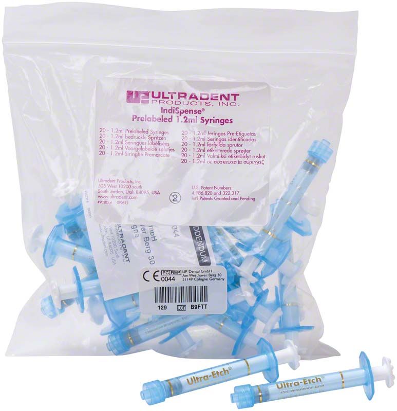 Ultra-Etch Kunststoffspritze leer für dentale Anwendungen in Verpackung.