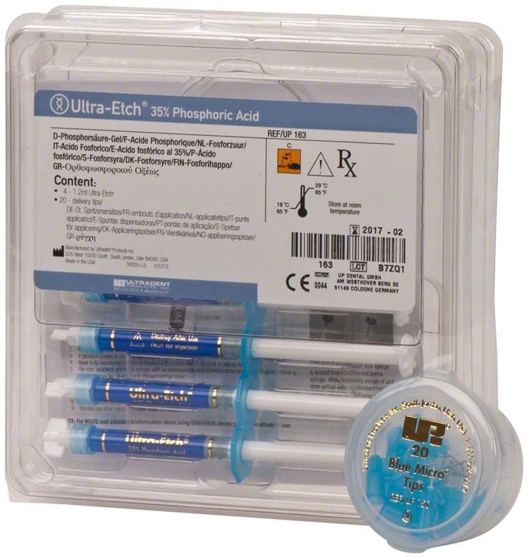 Ultra-Etch™ Kit mit 4 x 1,2 ml Phosphorsäuregel und Applikationsspitzen.