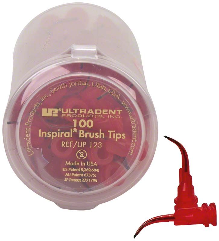 Transparente Kunststoffverpackung mit roten Inspiral Brush Tips von Ultradent Products.