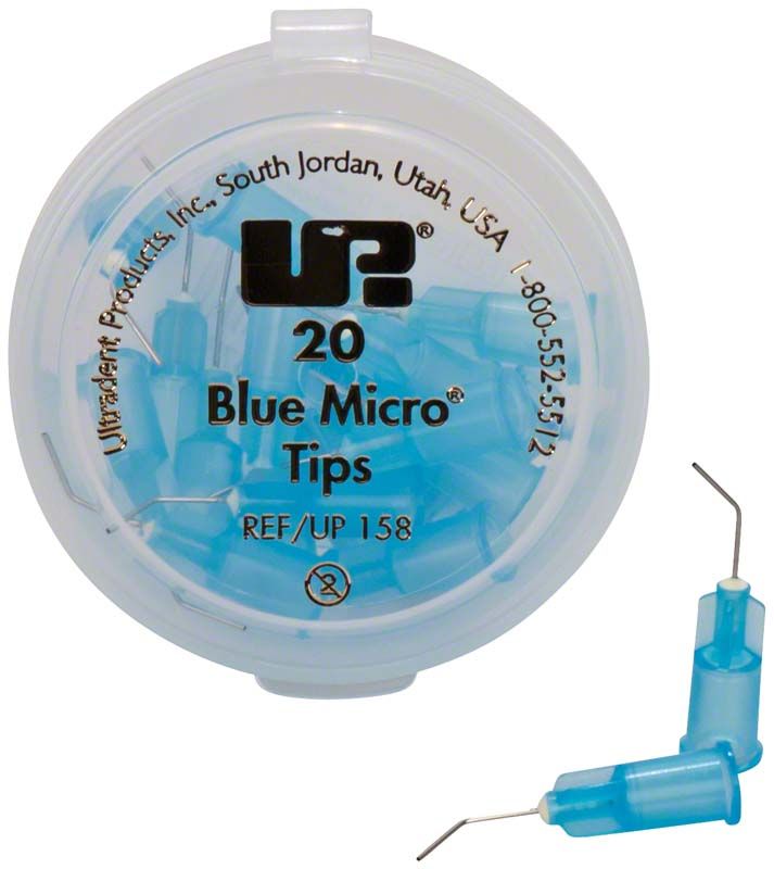 20er Packung Blue Micro Tip Applikatoren mit blauer Kunststoffbasis und gebogener Metallkanüle.