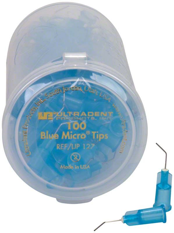 100er Pack Blue Micro Tips mit gebogener Metallkanüle in transparenter Verpackung.