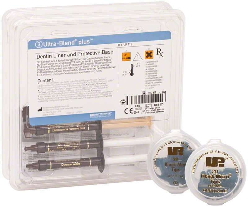 Ultradent Ultra-Blend plus Kit mit Spritzen und Zubehör in Kunststoffverpackung.
