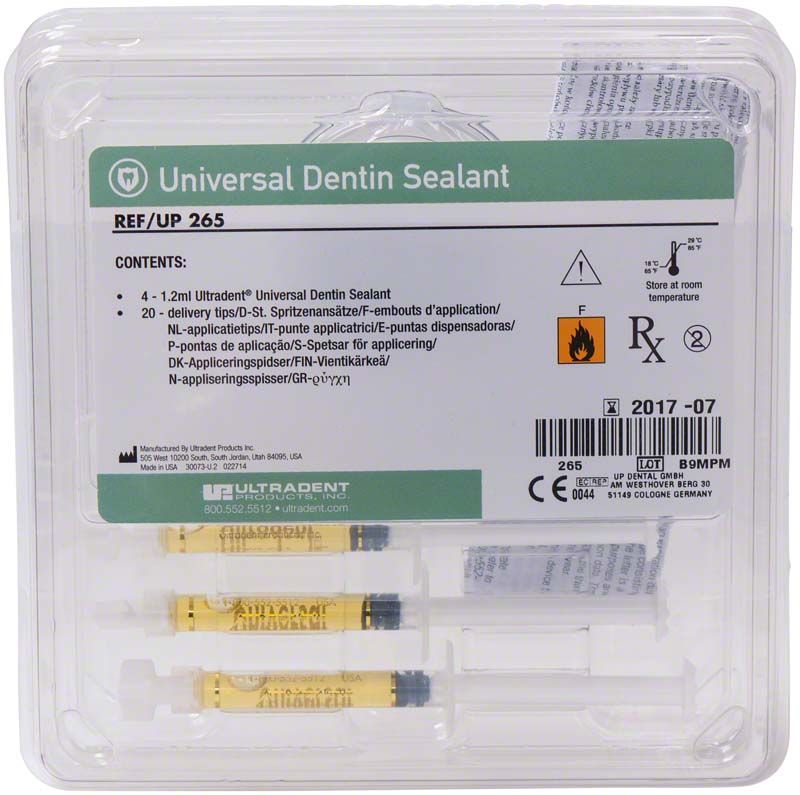Universal Dentin Sealant Kit Verpackung mit Applikationsspritzen und Produktinformationen.