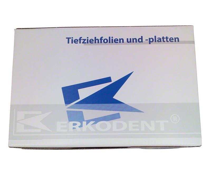 Erkodur Tiefziehfolie-Verpackung mit blauem Logo und Schriftzug "Erkodent".