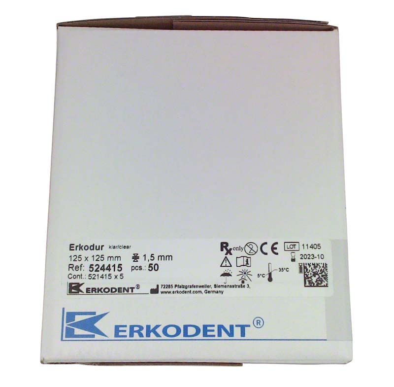 Erkodur viereckig 50 St. klar Verpackung mit Produktinformationen und Erkodent-Logo.