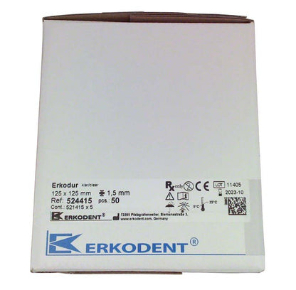 Erkodur viereckig 50 St. klar Verpackung mit Produktinformationen und Erkodent-Logo.