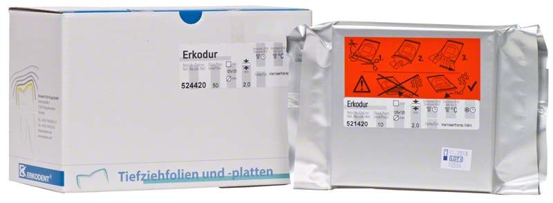 Erkodur Tiefziehfolie viereckig, 50 Stück, 125x125x2,0mm, in Verpackung.