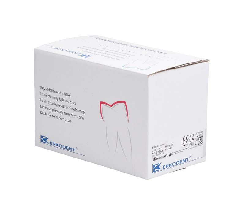 Erkodur Verpackung mit Zahnsymbol und Produktinformationen auf weißem Karton.