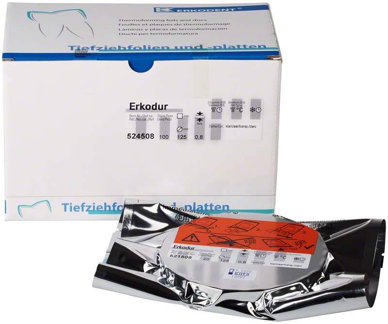 Erkodur Folienverpackung mit Produktdetails auf Kartonhintergrund