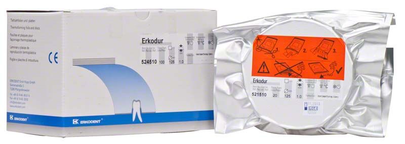 Erkodur Tiefziehfolie in silberner Verpackung mit orangefarbenem Etikett.