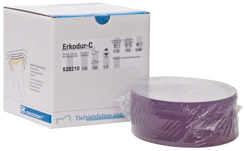 Erkodur Zähharte Tiefziehfolien in klarer Verpackung neben Produktkarton.