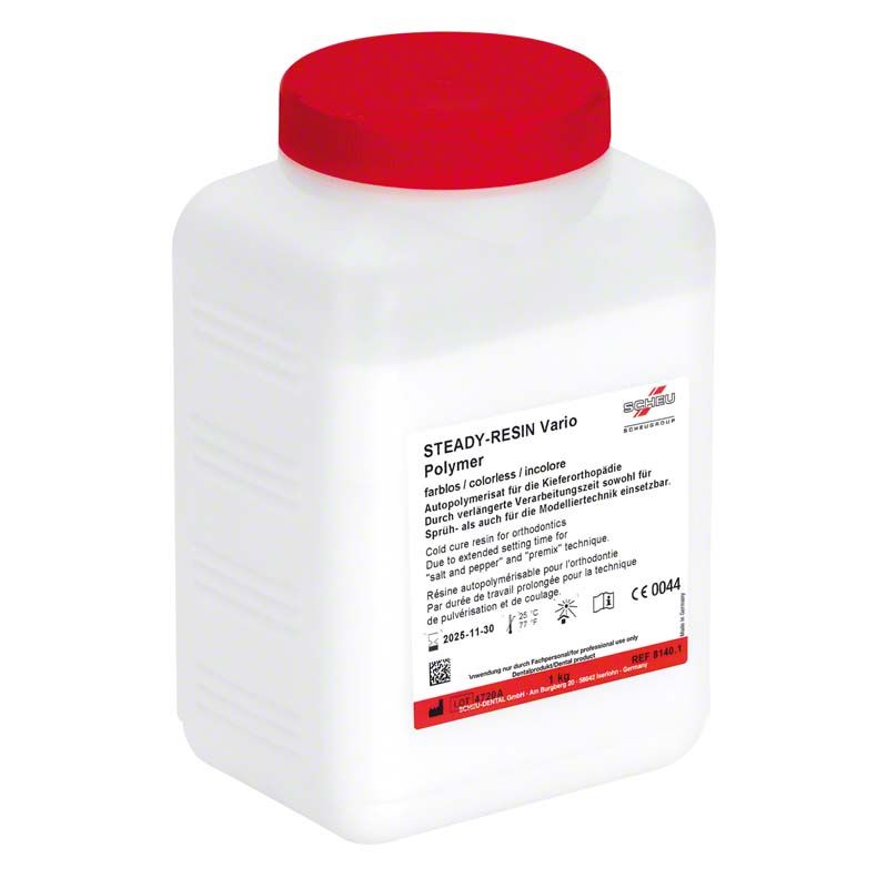 Weiße Kunststoffflasche mit rotem Deckel, beschriftet "STEADY-RESIN Vario Polymer".