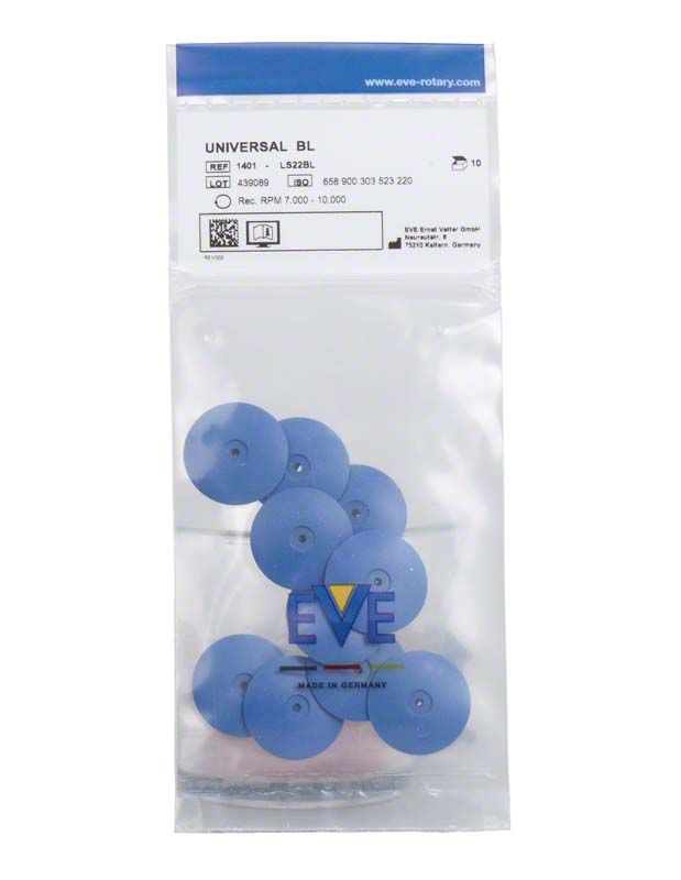 Blauer Universal-Gummipolierer in Verpackung mit 10 Stück für Dentaltechnik.