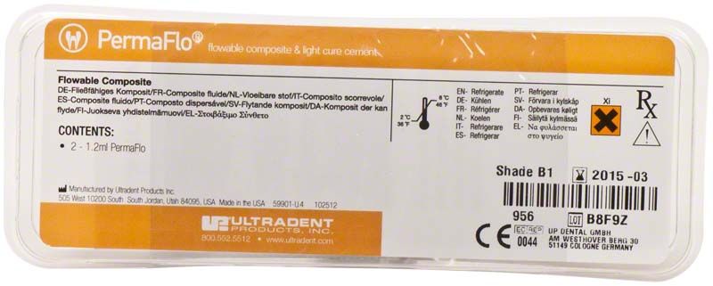 PermaFlo Spritzen B1 in Plastikverpackung mit Produktinformationen und Logo.