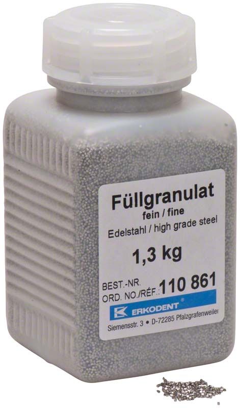 Füllgranulat Edelstahl in rechteckiger Kunststoffflasche mit Etikett und feiner Körnung.