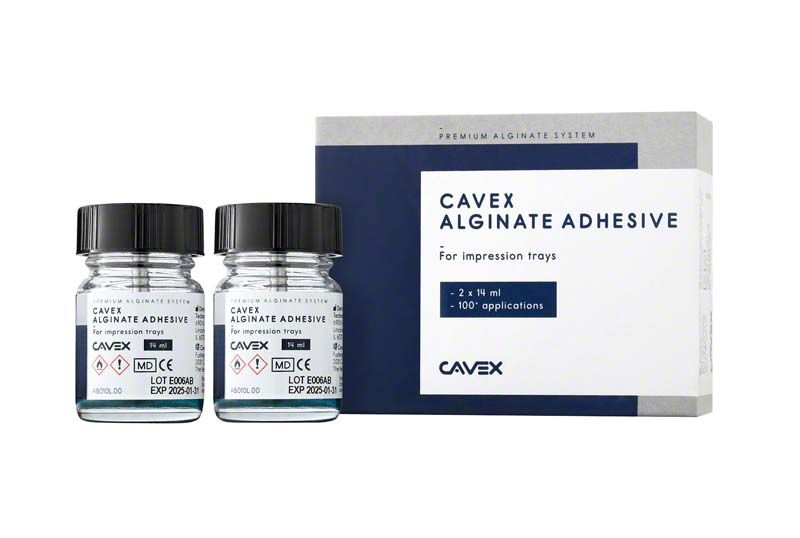 Zwei Flaschen Cavex Alginat Adhäsiv vor Verpackung.
