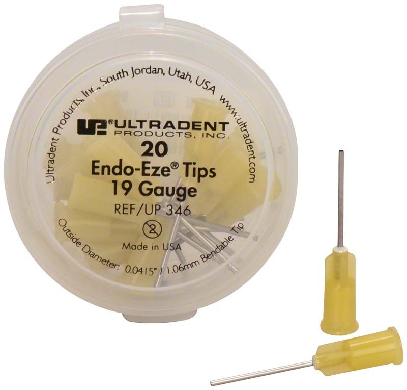 Endo-Eze Tips 19G in runder Verpackung mit gelben Kanülen.