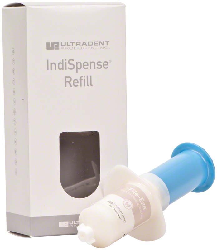 Ultradent File-Eze IndiSpense EDTA-Gel in Spenderflasche vor Verpackung.