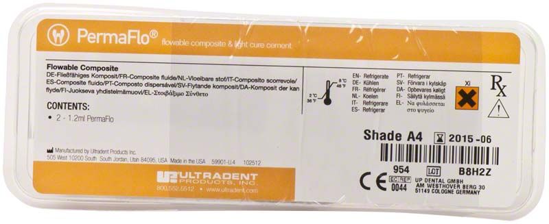 PermaFlo Flowable Composite Verpackung mit Produktinformationen und Firmenlogo.